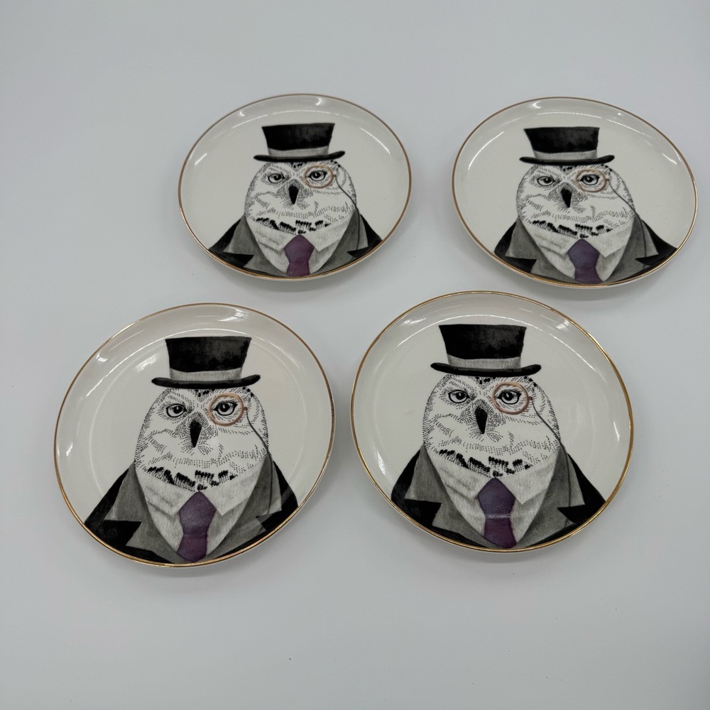 Pier 1 Wise Owl Plates Top Hat Monocle Gold Rim Salad Plates Set of‎ 4